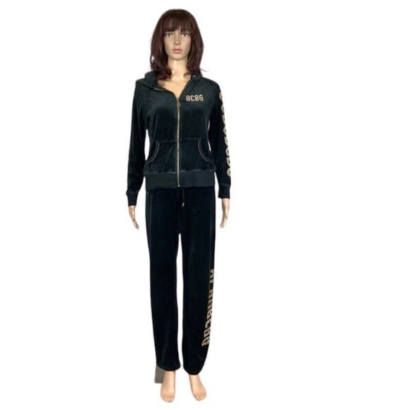 BCBGMaxAzria Y2K Vintage Black Gold Studs Velour Zip Tracksuit Jacket Pants S - Picture 1 of 13